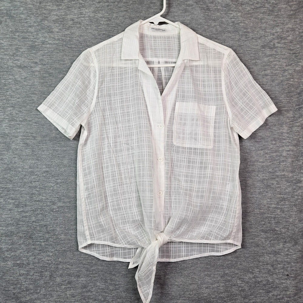 Equipment Femme White Cotton Grid Tie Front Short Sleeve Shirt Size XS